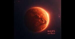 Mars red planet glowing in deep space with dust storms