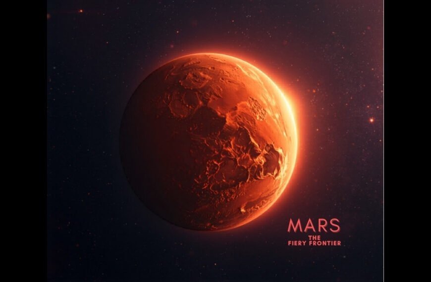 Mars red planet glowing in deep space with dust storms