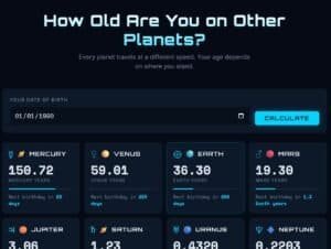 Captura de pantalla de un sitio web que muestra una calculadora de edad planetaria, donde se comparan las edades y se indican los días que faltan para el próximo cumpleaños de cada planeta, incluyendo tu edad exacta en Neptuno.