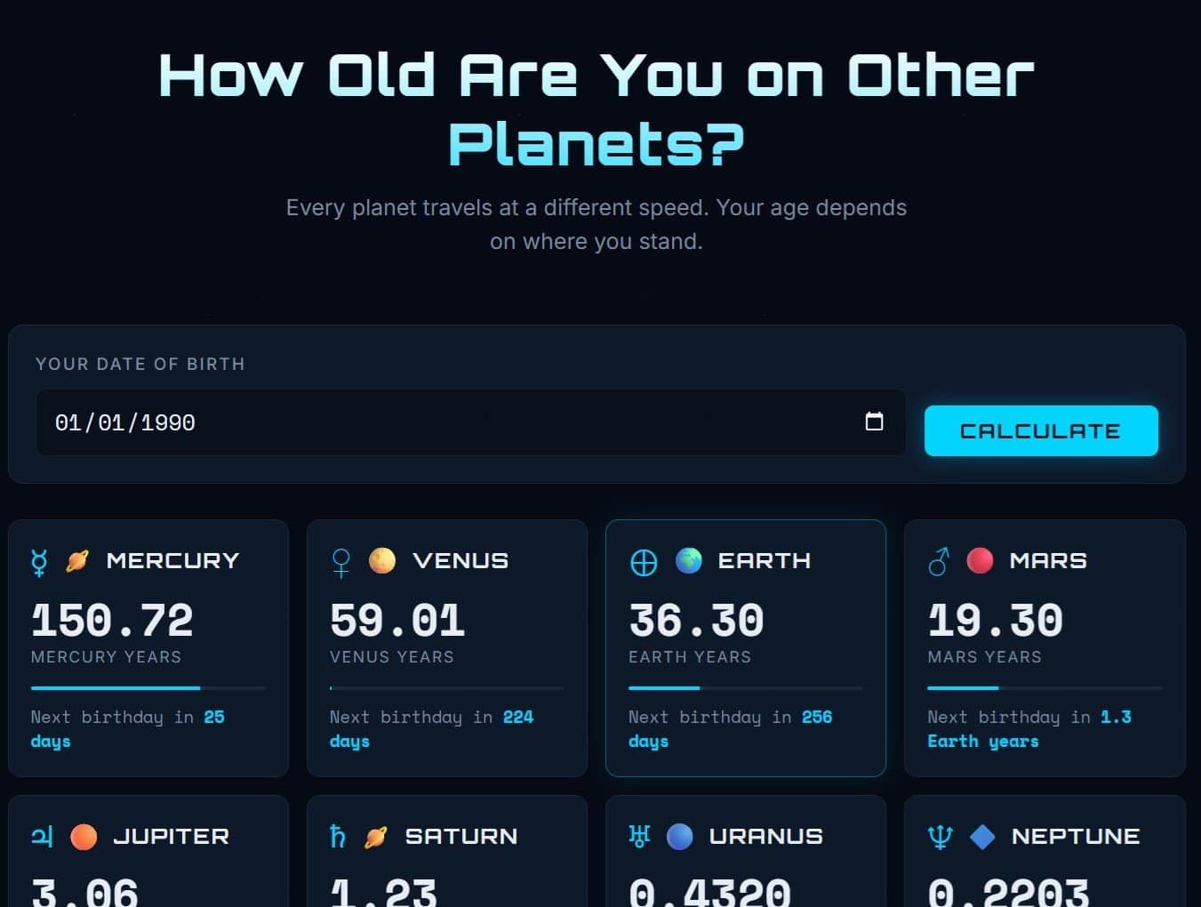 Captura de pantalla de un sitio web que muestra una calculadora de edad planetaria, donde se comparan las edades y se indican los días que faltan para el próximo cumpleaños de cada planeta, incluyendo tu edad exacta en Neptuno.