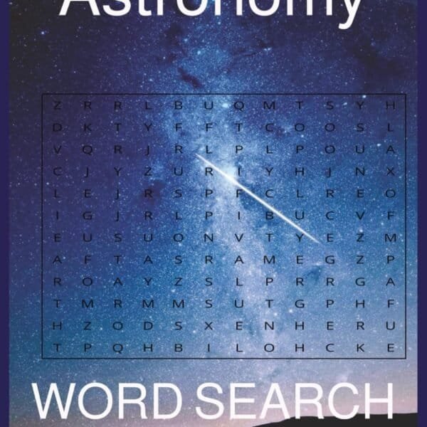 A word search puzzle book cover titled "Astronomy Word Search: 50+ Puzzles," with a night sky and star field background.