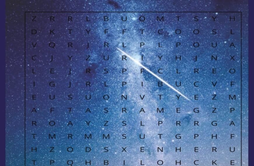 A word search puzzle book cover titled "Astronomy Word Search: 50+ Puzzles," with a night sky and star field background.