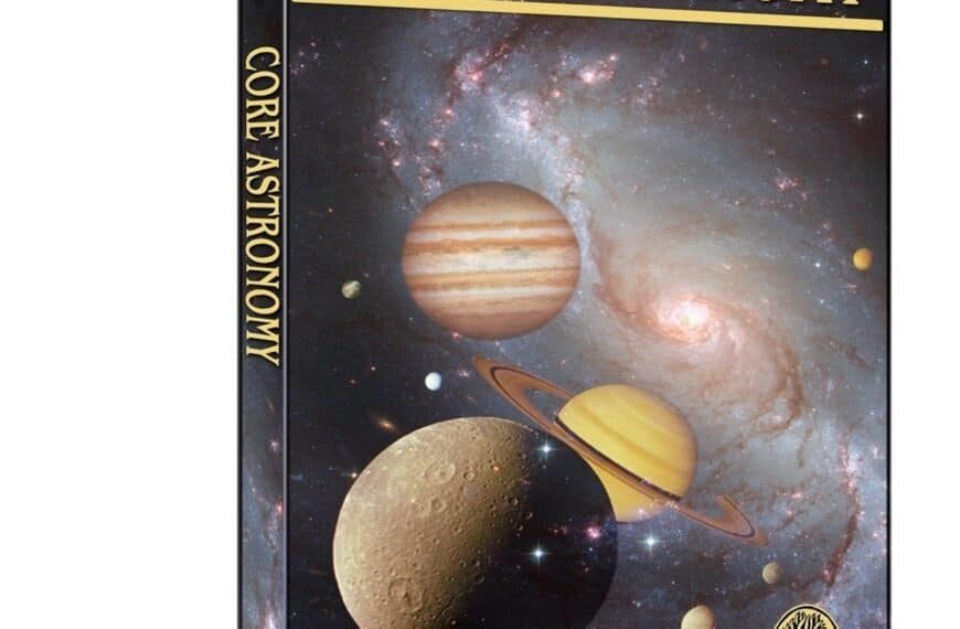 Box cover for "Core Astronomy" video, featuring images of planets and a galaxy in the background, with gold title text and Ambrose Video logo.