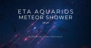 A night sky with meteor streaks and text reading "Eta Aquarids Meteor Shower 2026." Witness the cosmic spectacle of the eta aquarids meteor shower.