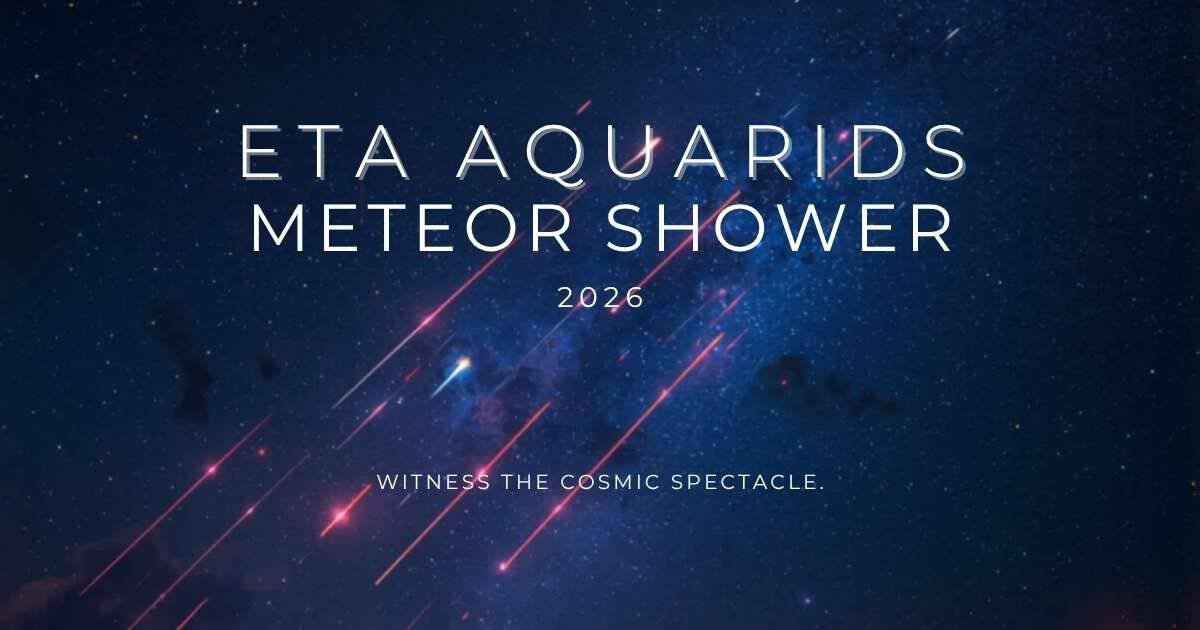 A night sky with meteor streaks and text reading "Eta Aquarids Meteor Shower 2026." Witness the cosmic spectacle of the eta aquarids meteor shower.