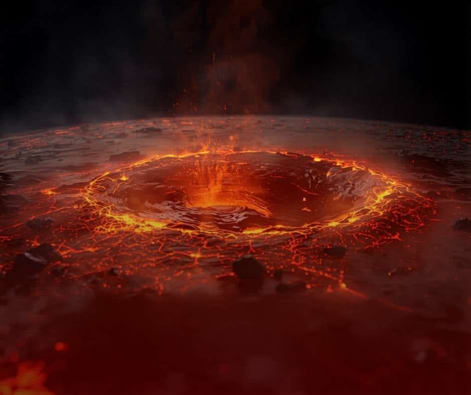 What Is Io, Jupiter's Moon — and Why Is It the Most Volcanic World in the Solar System? 1 A volcanic crater with glowing lava and molten rock, emitting smoke and orange-red light in a dark surrounding, evokes the fiery landscapes of Io, Jupiter's moon, known as the most volcanic world in our solar system.