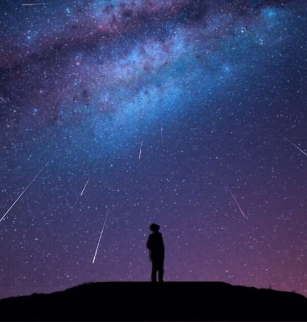 Silhouette of a person standing on a hill at night, gazing up at a star-filled sky with the Milky Way and a mesmerizing meteor shower streaking across the darkness.