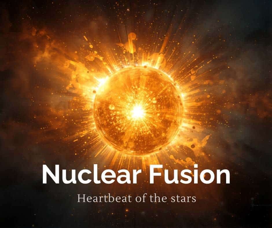 What Are the Two Main Elements in Stars — and Why Does It Matter? 2 A glowing, fiery sphere representing nuclear fusion and the formation of elements in stars, with text "Nuclear Fusion: Heartbeat of the stars" on a dark, smoky background.
