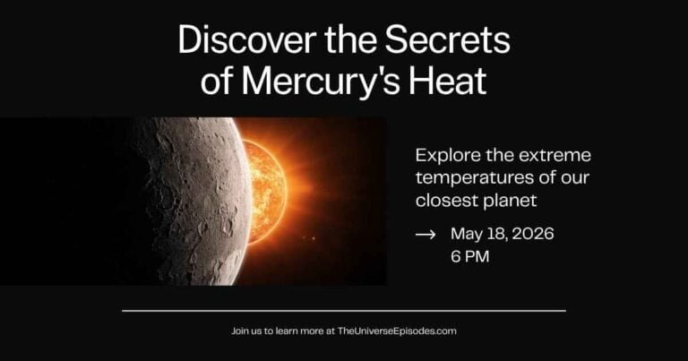 A promotional graphic for a show about Mercury’s heat, featuring Mercury in space near the sun, with event details for May 18, 2026, at 6 PM—explore extreme Mercury temperature and what makes it the hottest planet.