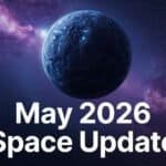 A dark blue planet in outer space with stars and a purple nebula background, featuring the bold white text "May 2026 Space Update" to highlight the latest space news and upcoming space events.