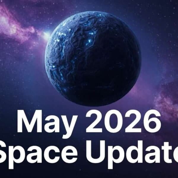 A dark blue planet in outer space with stars and a purple nebula background, featuring the bold white text "May 2026 Space Update" to highlight the latest space news and upcoming space events.