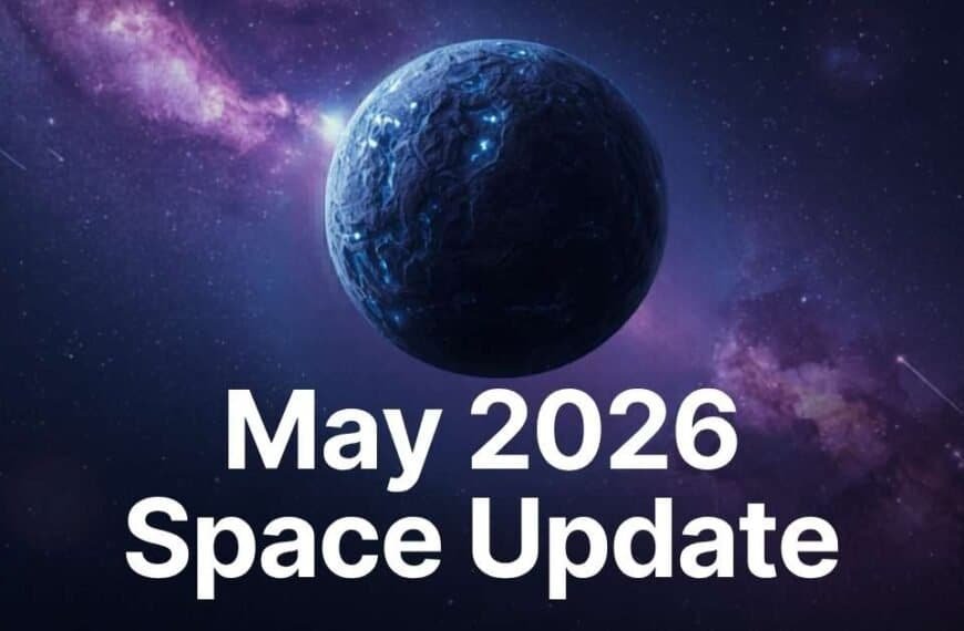 A dark blue planet in outer space with stars and a purple nebula background, featuring the bold white text "May 2026 Space Update" to highlight the latest space news and upcoming space events.