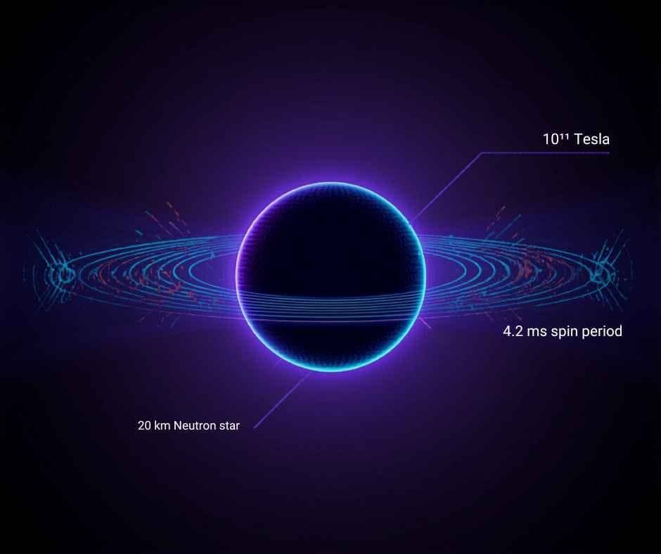 Illustration of a neutron star—what is a magnetar, if not an ultra-magnetic variant—with labeled features: 20 km diameter, 4.2 ms spin, 10¹¹ Tesla field strength, and blue surrounding rings.
