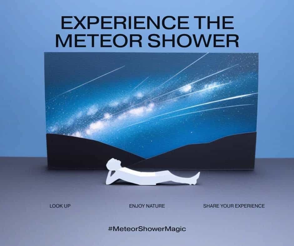 When Is the 2026 Eta Aquarids Meteor Shower Peak — And How Can You See It? 2 A paper cutout figure lies on the ground, looking up at a night sky with illustrated meteors. Text reads, "Experience the eta aquarids meteor shower. Look up. Enjoy nature. Share your experience.