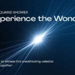 Bright meteor streaks across a dark blue sky with text promoting the Eta Aquarid Meteor Shower and inviting viewers to experience this celestial event together at its peak in 2026.