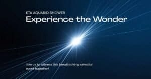 Bright meteor streaks across a dark blue sky with text promoting the Eta Aquarid Meteor Shower and inviting viewers to experience this celestial event together at its peak in 2026.