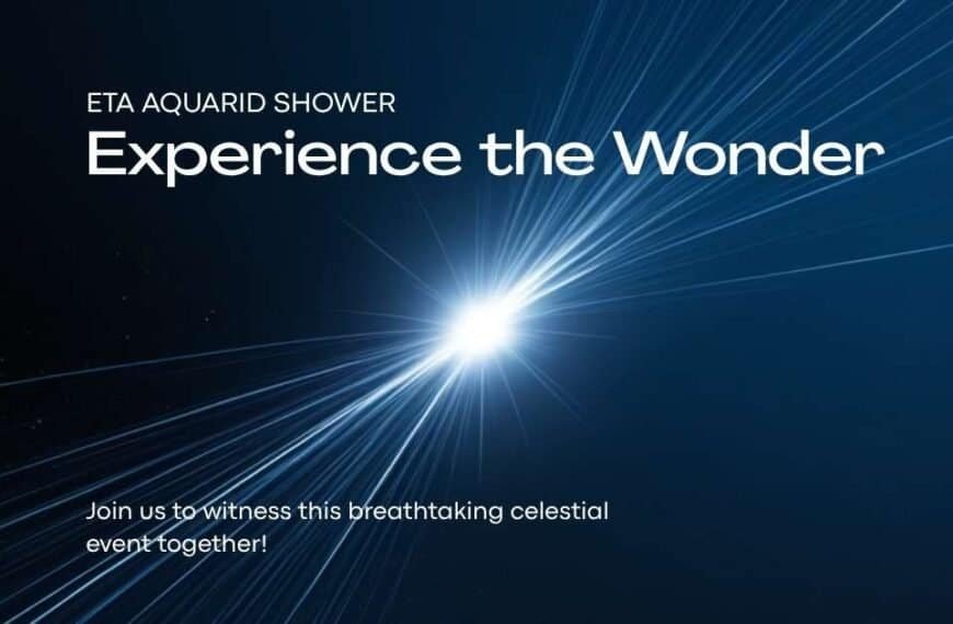 Bright meteor streaks across a dark blue sky with text promoting the Eta Aquarid Meteor Shower and inviting viewers to experience this celestial event together at its peak in 2026.