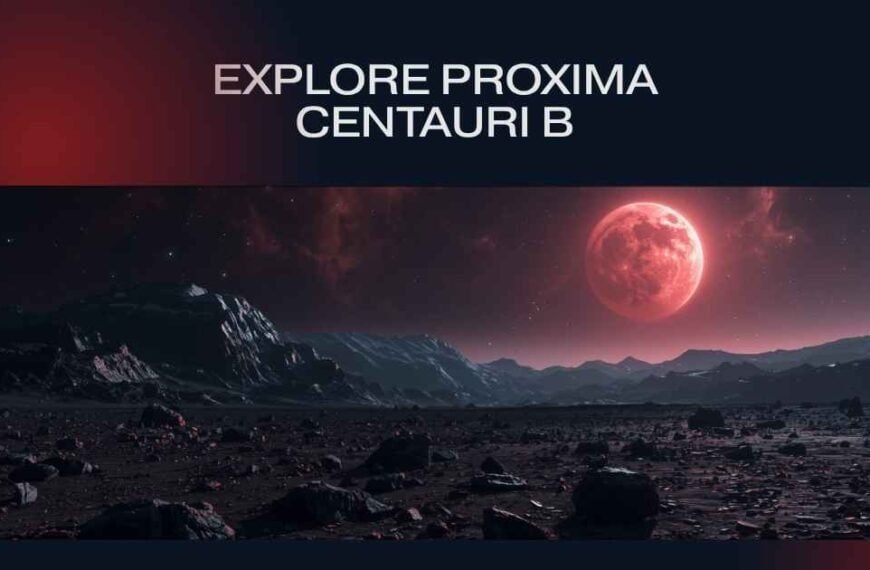 An alien rocky landscape under a red sky with a bright red planet or moon; text reads "Explore Proxima Centauri B, the closest exoplanet to Earth and a potential home for extraterrestrial life.