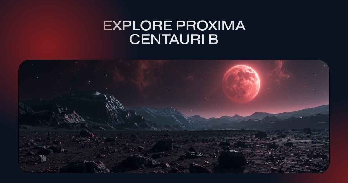 An alien rocky landscape under a red sky with a bright red planet or moon; text reads "Explore Proxima Centauri B, the closest exoplanet to Earth and a potential home for extraterrestrial life.