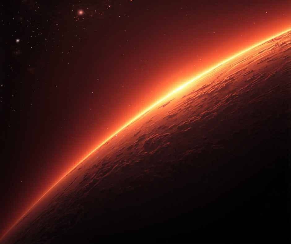 A glowing red-orange horizon is seen from space, showing the curved surface of the closest exoplanet to Earth, with stars scattered in the dark sky above—inviting wonder about possible exoplanet life.