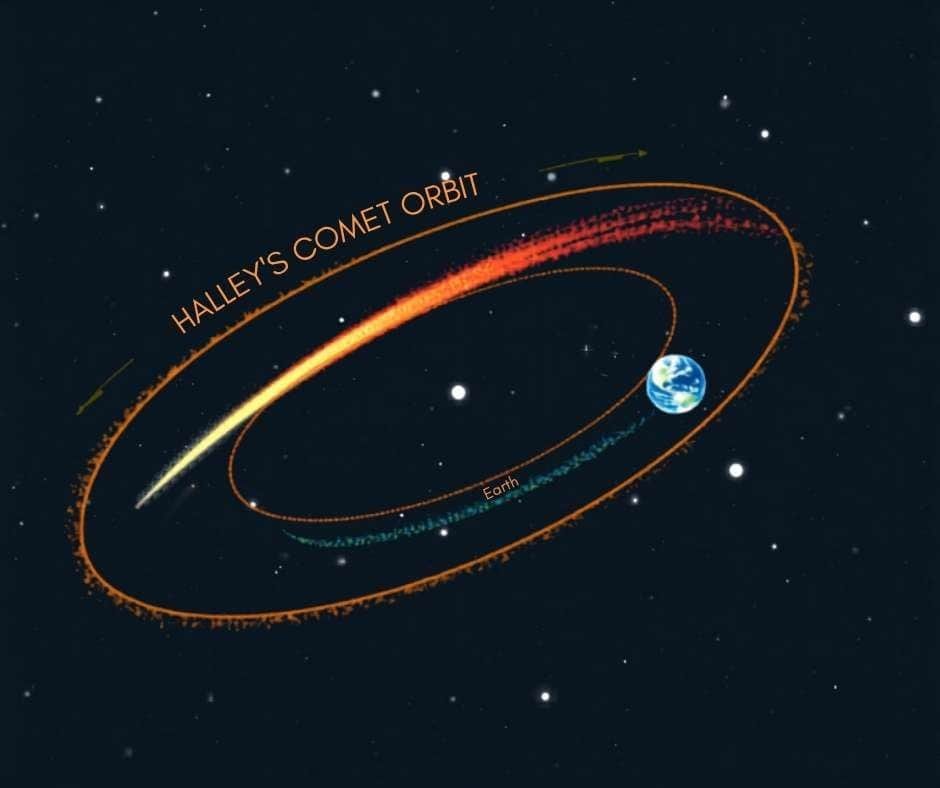 Space News May 2026: Eta Aquarids Peak, NASA Psyche Mars Flyby & More 1 Diagram showing Halley's Comet's elliptical orbit around the Sun, with Earth and its orbit depicted for scale against a starry background—highlighting the comet's connection to meteor showers.