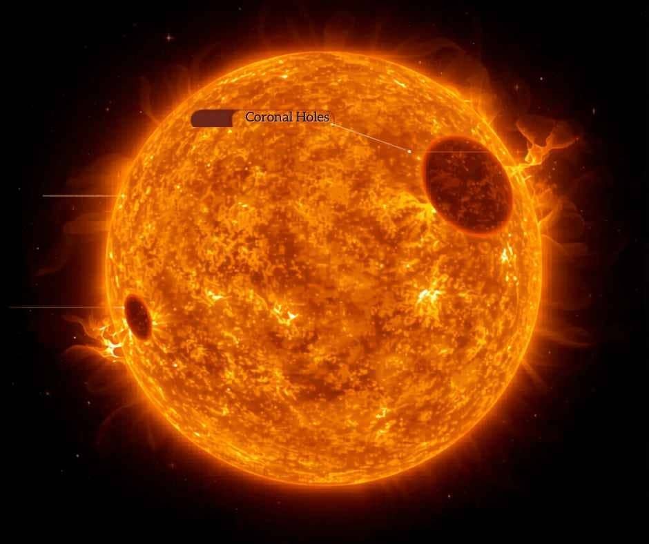 A bright orange sun with two dark coronal holes labeled on its surface, showing regions where solar material is less dense—similar to features studied during America’s first space station, Skylab, in the early days of space history.