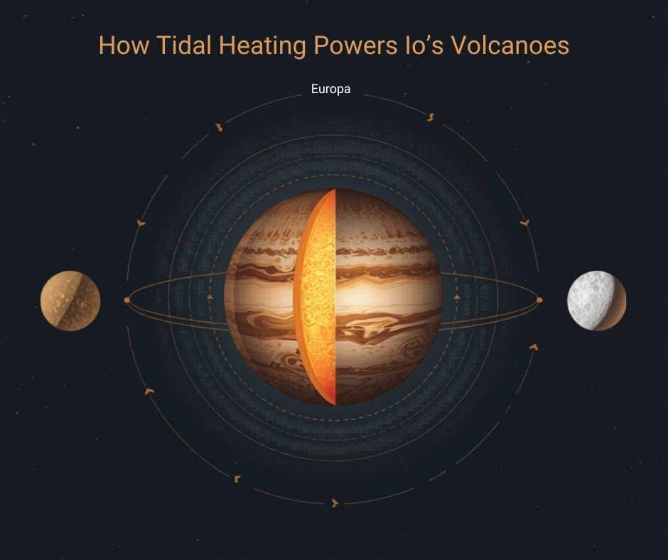 What Is Io, Jupiter's Moon — and Why Is It the Most Volcanic World in the Solar System? 2 Diagram showing Jupiter with its moons Io and Europa, illustrating how tidal forces from Jupiter make Io the most volcanic world among Jupiter's Moons.