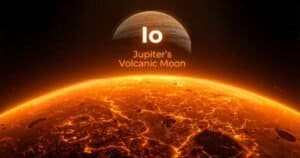 Fiery surface of Io, Jupiter's moon and the most volcanic world, with glowing lava cracks; Jupiter appears in the background against a dark sky.