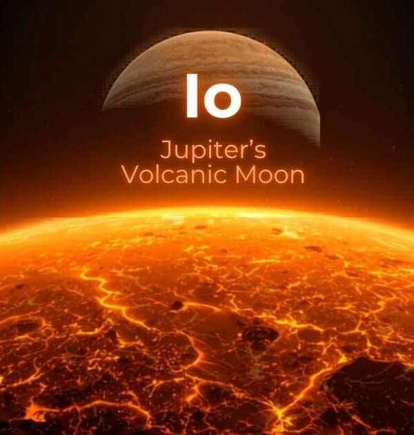 Fiery surface of Io, Jupiter's moon and the most volcanic world, with glowing lava cracks; Jupiter appears in the background against a dark sky.