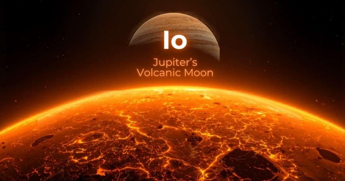 Fiery surface of Io, Jupiter's moon and the most volcanic world, with glowing lava cracks; Jupiter appears in the background against a dark sky.