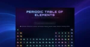 A digital periodic table of elements with 118 elements is displayed on a dark, space-themed background, highlighting the origins of many Elements in Stars.