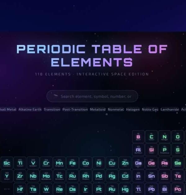 A digital periodic table of elements with 118 elements is displayed on a dark, space-themed background, highlighting the origins of many Elements in Stars.
