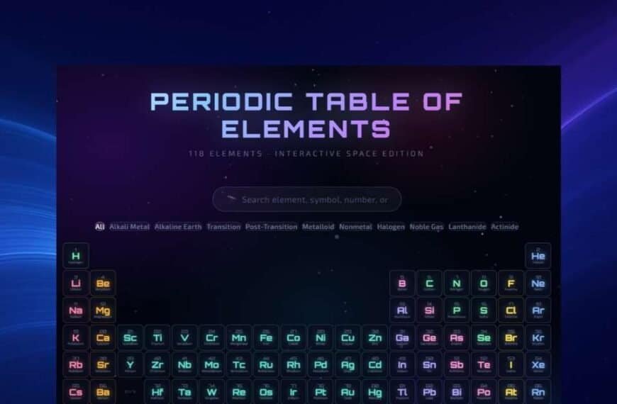 A digital periodic table of elements with 118 elements is displayed on a dark, space-themed background, highlighting the origins of many Elements in Stars.