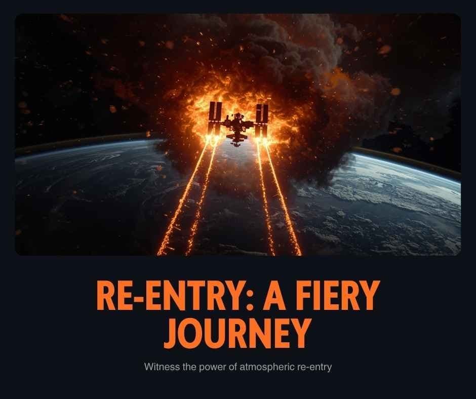 Skylab, America's first space station, re-entering Earth's atmosphere—engulfed in flames and creating bright fiery trails against a dark sky above the planet—showcases what happened to Skylab after its historic mission.