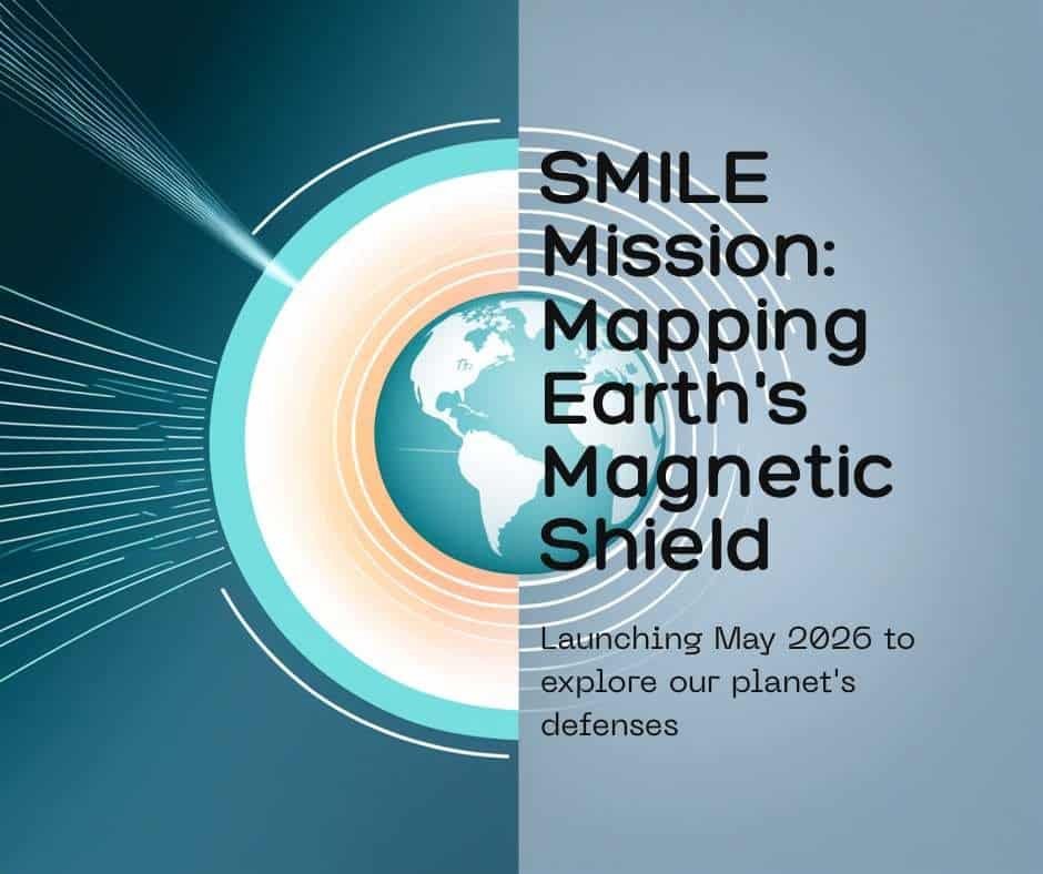 What Is Happening in Space Right Now? May 2026 Update 2 Illustration of Earth with magnetic field lines and text: "SMILE Mission: Mapping Earth's Magnetic Shield." Stay tuned for this major space news—launching May 2026 to explore our planet's defenses.