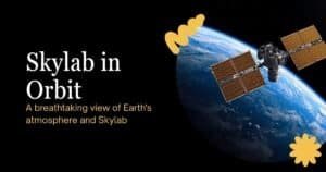 A satellite with solar panels orbits above Earth's curved horizon, accompanied by the text "Skylab in Orbit" on a black background, showcasing America's first space station.
