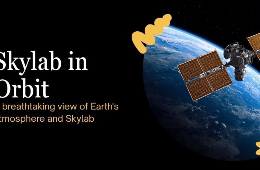 A satellite with solar panels orbits above Earth's curved horizon, accompanied by the text "Skylab in Orbit" on a black background, showcasing America's first space station.