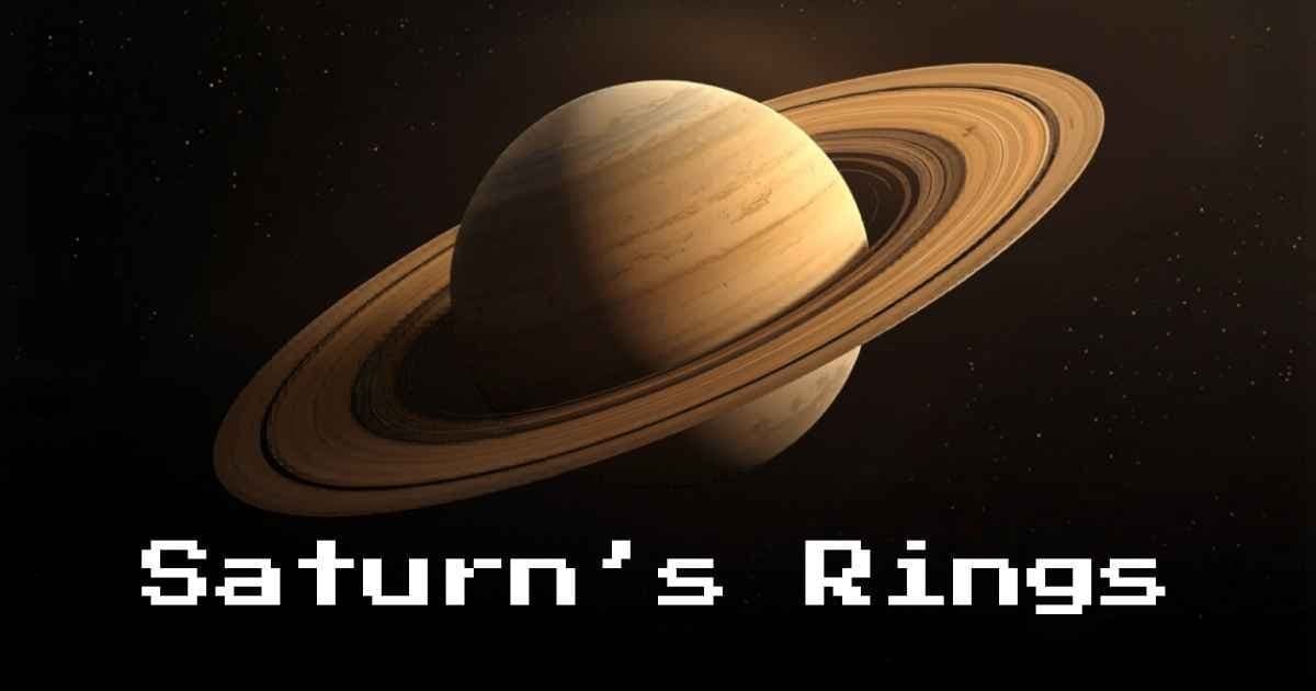 Image of the planet Saturn with its prominent rings, set against a dark space background. The text "Saturn’s Rings" appears in bold, pixelated font at the bottom, hinting at the mystery of how many rings Saturn has.