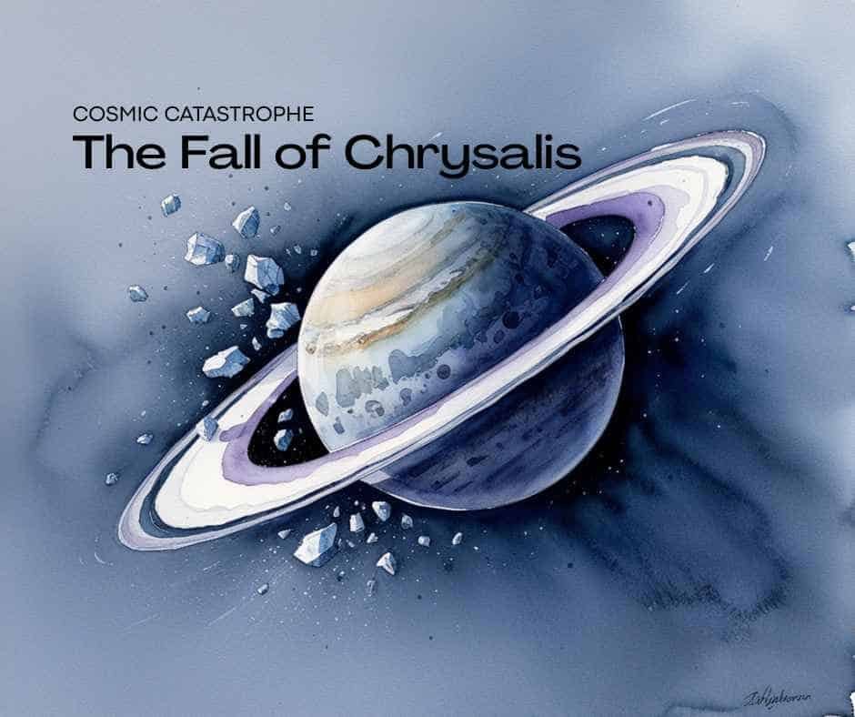 A watercolor illustration of a planet with Saturn-like rings being struck by debris, titled "The Fall of Chrysalis: Cosmic Catastrophe," evokes curiosity about Saturn ring composition and the mysteries behind cosmic collisions.