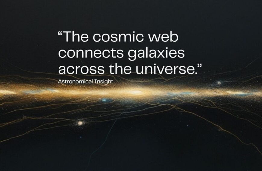 A quote about the cosmic web connecting galaxies is overlaid on an abstract illustration of the universe’s hidden skeleton, formed by glowing interconnected lines and clusters against a dark background.