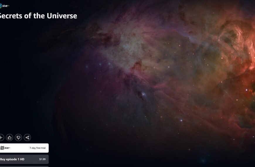 A colorful nebula with bright stars appears behind a streaming interface for "Watch Secrets of the Universe | Prime Video," featuring clear options to start a trial or buy episodes.