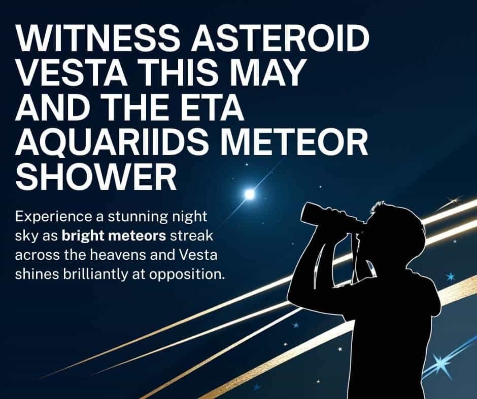What Is Happening in Space Right Now? May 2026 Update 1 Silhouette of a person viewing the night sky with binoculars as meteors streak overhead; text highlights exciting space news, including asteroid Vesta sightings and the Eta Aquariids meteor shower in May 2026.