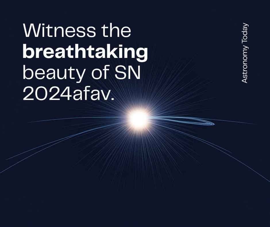 A bright starburst with radiating blue streaks represents SN 2024afav, alongside the text “Witness the breathtaking beauty of SN 2024afav—could this be what is a magnetar?” on a dark background.