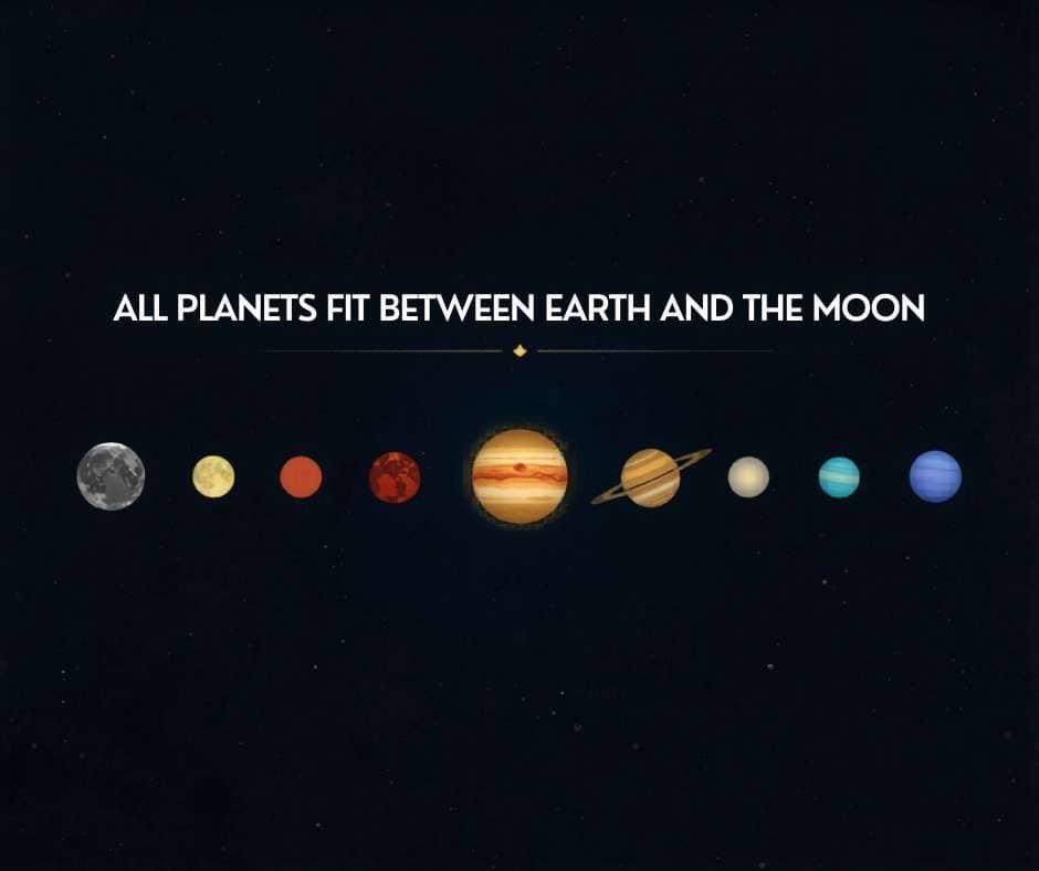 How Far Away Is the Moon? (Miles, KM & Light-Seconds Explained) 1 Illustration showing all planets of the solar system lined up between the Earth and the Moon, highlighting just how far away is the moon, with the text "All planets fit between Earth and the Moon.