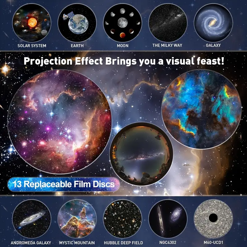 A collection of images features various space scenes: solar system, Earth, moon, galaxies, nebulae, and deep fields, highlighting 13 replaceable film discs for projection effects.
