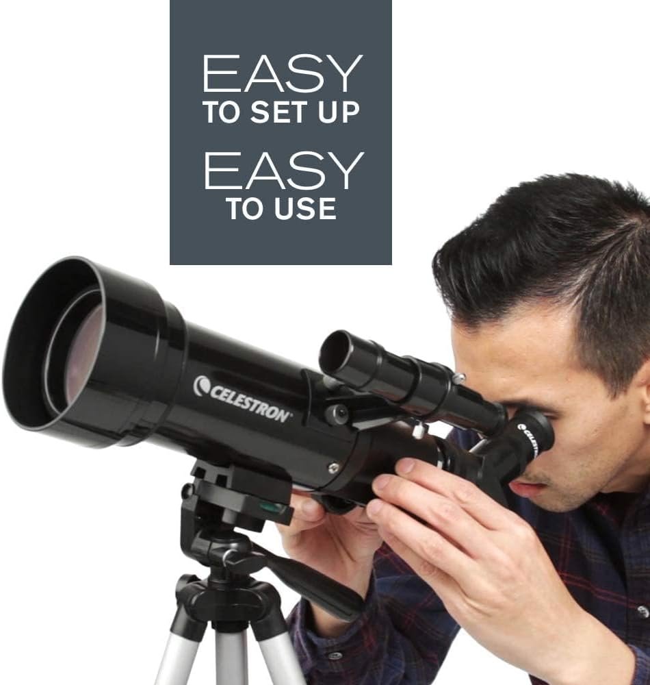 A man looking through a Celestron telescope with the text easy to set up.
