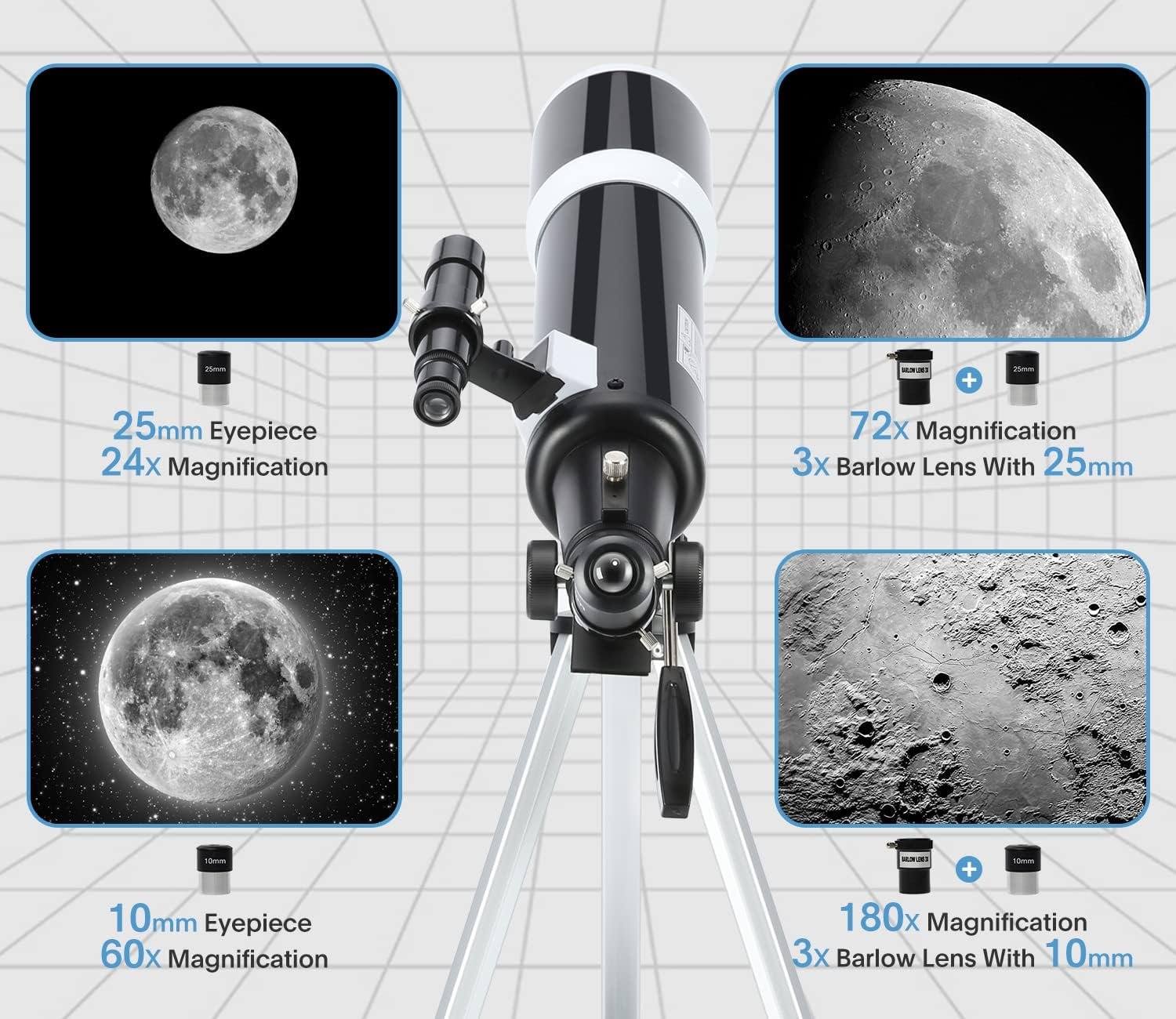 A telescope showcasing images of the moon, perfect for beginners interested in exploring the night sky.
