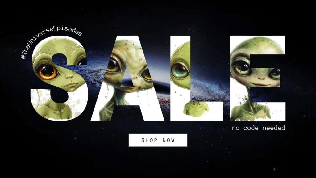 Ein Außerirdischer mit dem Wort "Sale" auf seinem Körper.