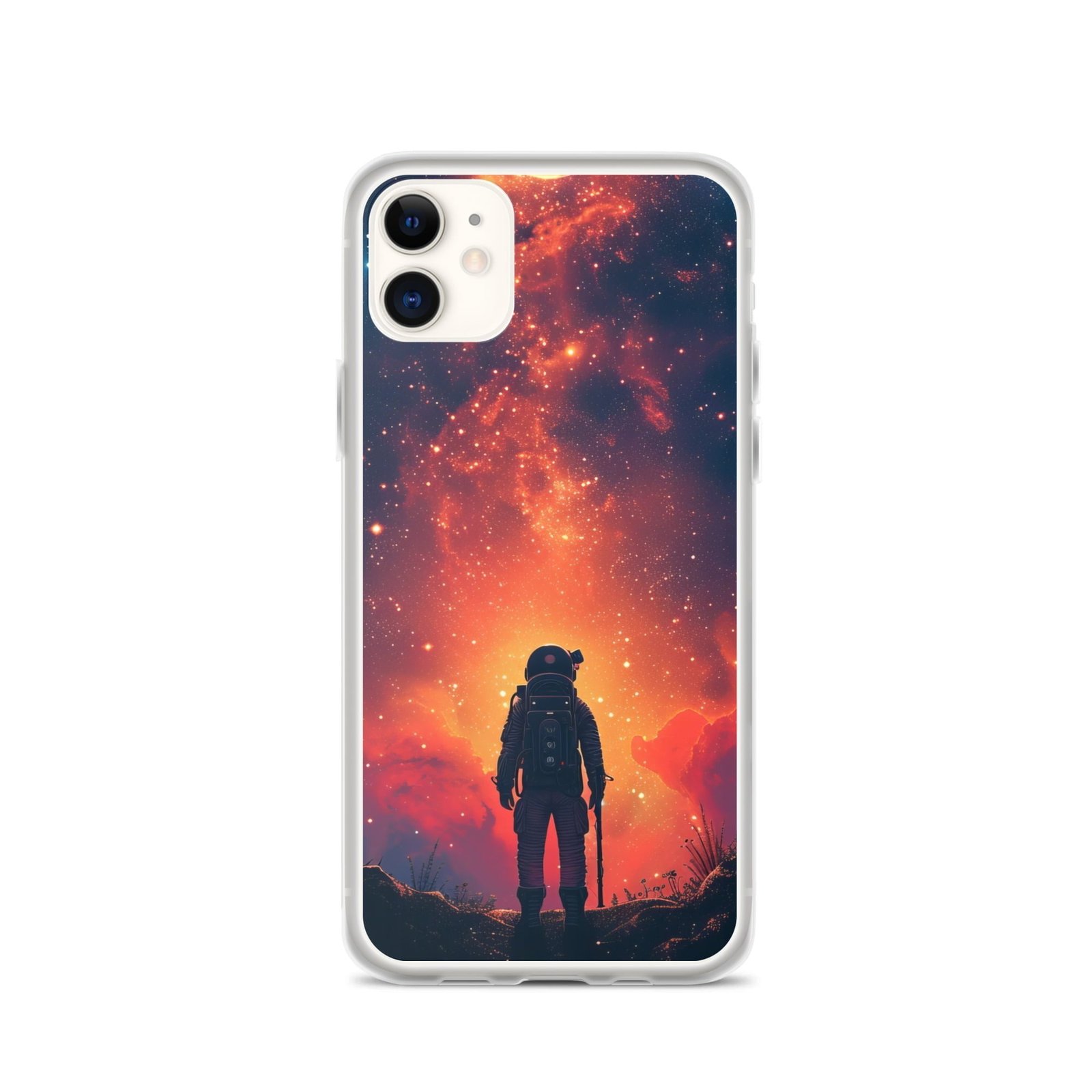 An iPhone case with a clear cover featuring a man in space gazing at the stars.