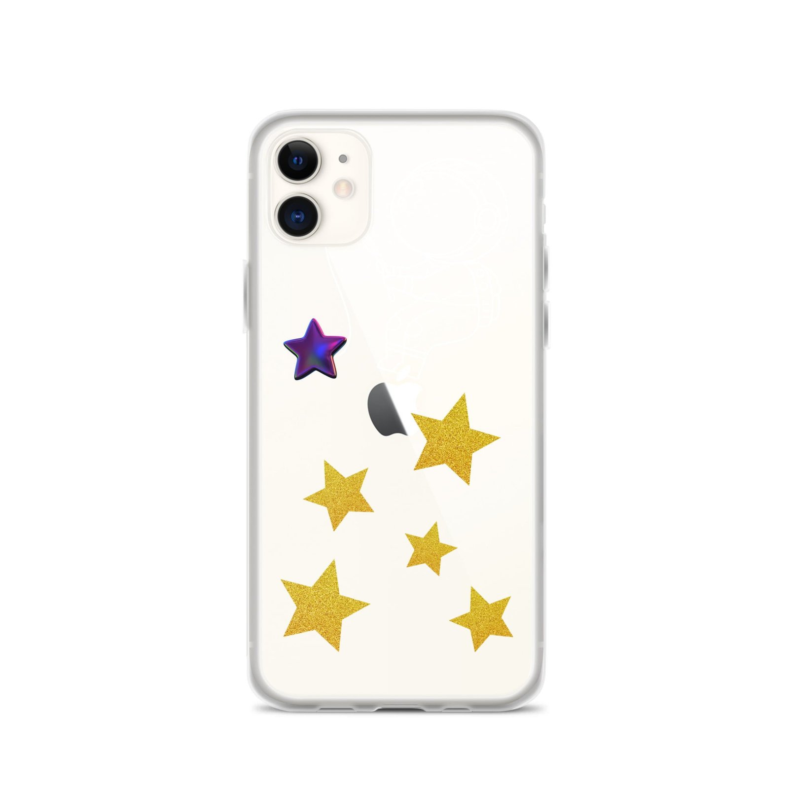 A purple and gold iPhone case adorned with stars.